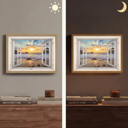Strand - Doorkijk - Zonsondergang - Landschap - Zee - Natuur Light Box met batterij (Wandlamp) middel -sfeer3