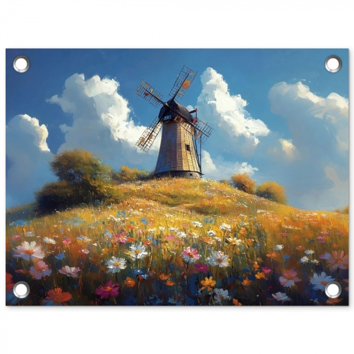 Windmolen - Heuvel - Bloemen - Kleurrijk tuinposter los doek klein -3d