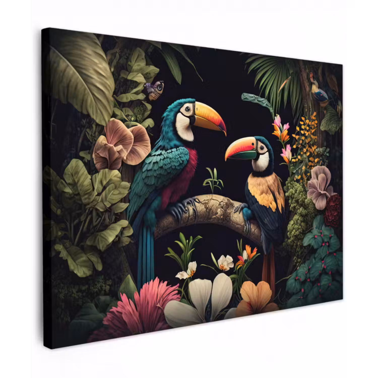 Leinwandbild - Vogel - Blumen - Pflanzen - Dschungel - Schwarz - Tukan