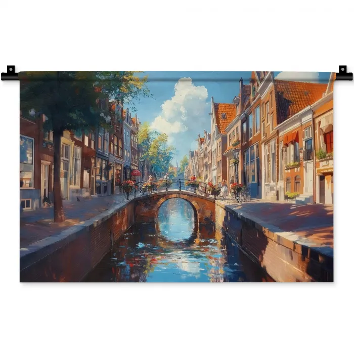 Stad - Gracht - Zon - Fietsen Wandkleed katoen klein -zz3d