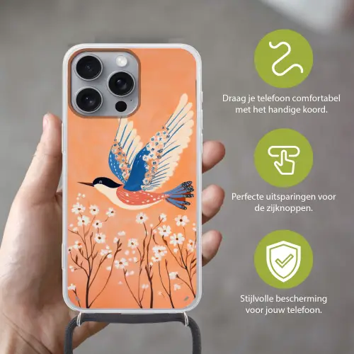 Vogel - Bloesemtakken - Warm - Kleurrijk Hoesje iPhone 16 Pro Max met koord klein -sfeer2_NL