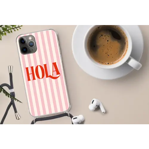 Hola - Quote -  Strepen - Pastel - Roze - Rood - Wit Hoesje iPhone 12 Pro met koord klein -oordop
