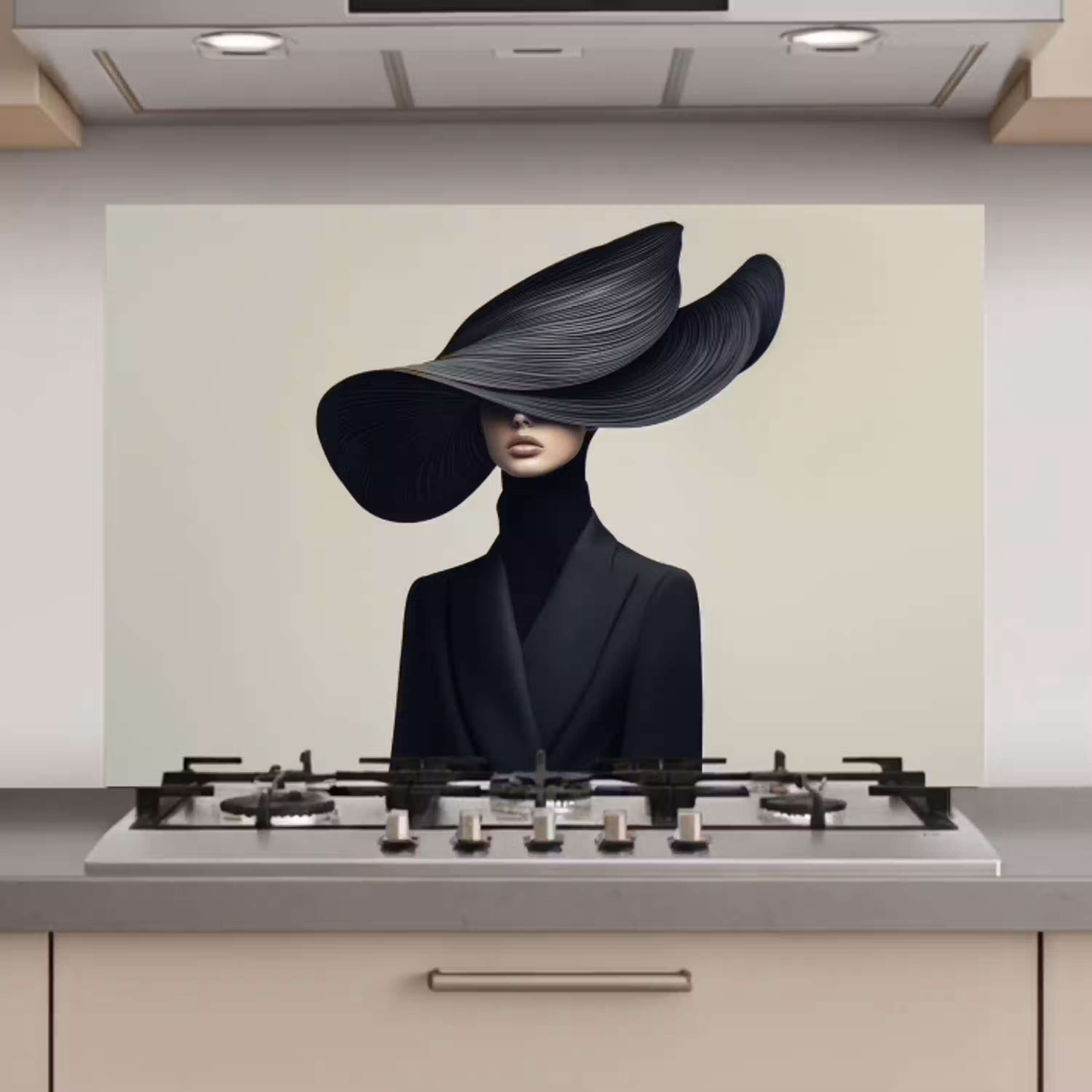 Zwart - Vrouw - Hoed keuken achterwand spatscherm klein -3d_website