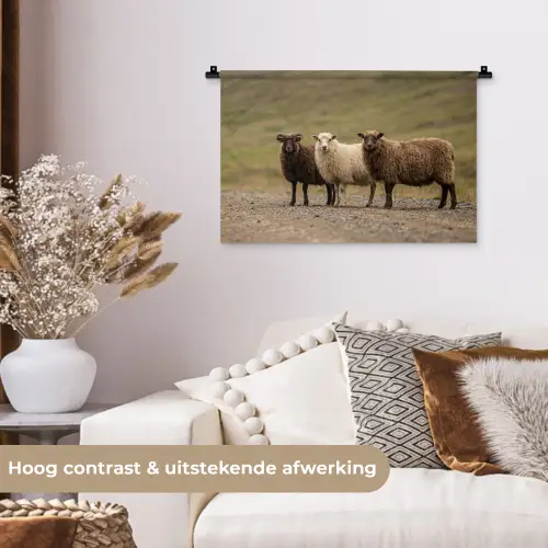Schapen - Bruin - Wit - Grindpad Wandkleed katoen klein -sfeer1