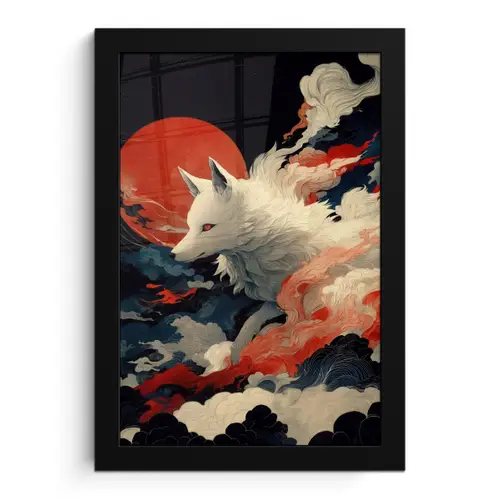 Witte vos - wolken - maan fotolijst zwart zonder passe partout klein -3d