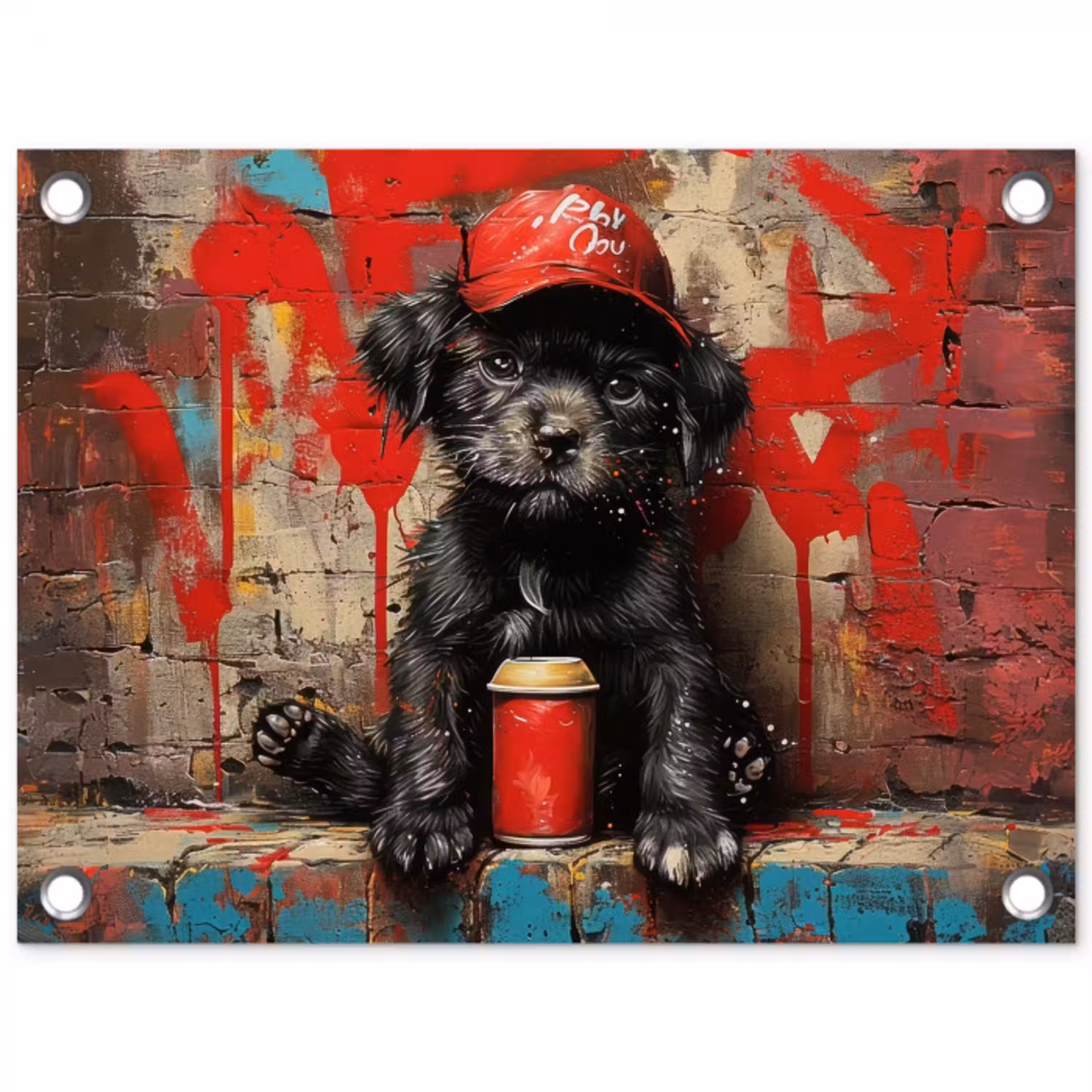 Puppy met Rode Pet en Spuitbus tuinposter los doek klein -3d