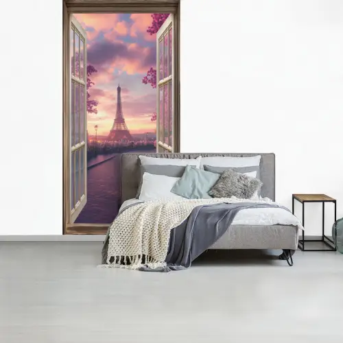 Doorkijk - Parijs - Eiffeltoren - Roze - Kersenbloesem fotobehang vinyl groot -slaapkamer