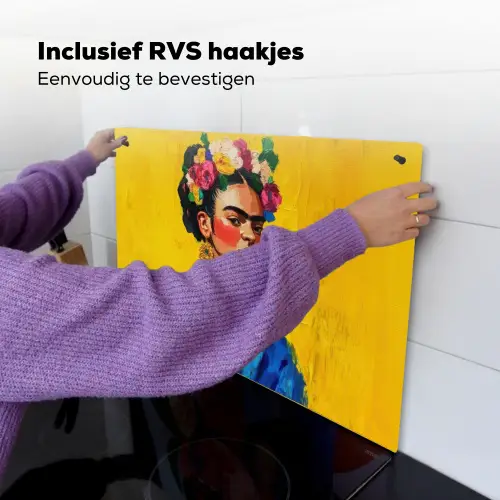Frida Kahlo - Vrouw - Geel - Blauw - Bloemen Inductie beschemer met haakjes klein -ky-ophangen-nl
