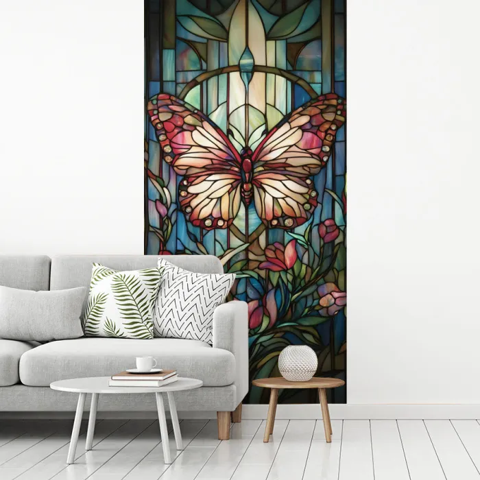 Vlinder - Roze - Bloemen - Bladeren fotobehang vinyl groot -woonkamer