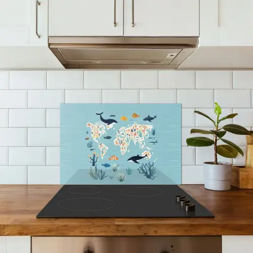 Wereldkaart - Zeeleven - Blauw keuken achterwand spatscherm klein -sfeer2