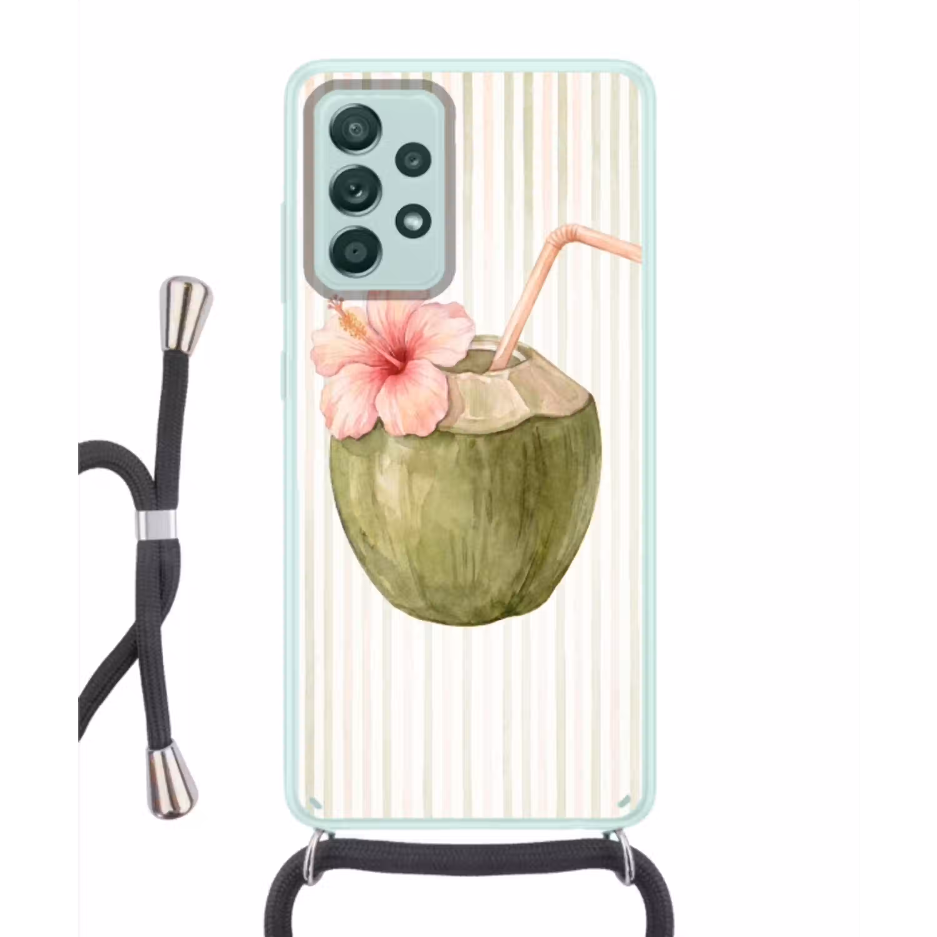 Kokosnoot - Drank - Tropisch - Illustratie - Zomer Hoesje Samsung Galaxy A52 met koord klein -3d