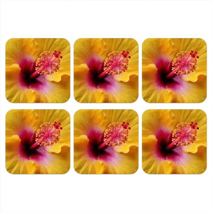 Geel - Hibiscus - Tropisch onderzetter kurk middel -3d