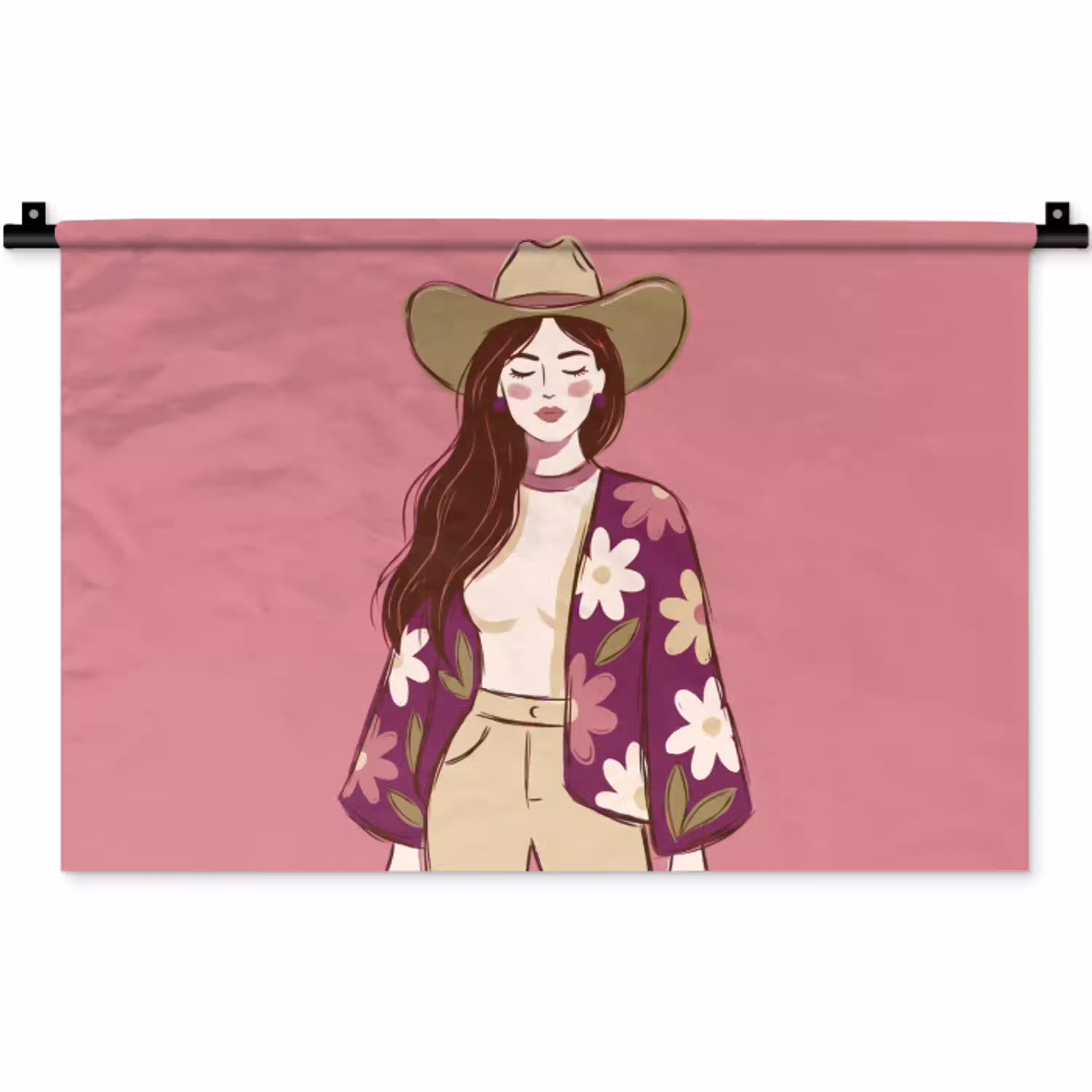 Vrouw - Hoed - Portret - Illustratie - Roze Wandkleed katoen klein -zz3d
