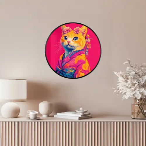 Kat - Kimono - Bloemen - Roze Fotolijst rond zonder passe partout klein -sfeer3