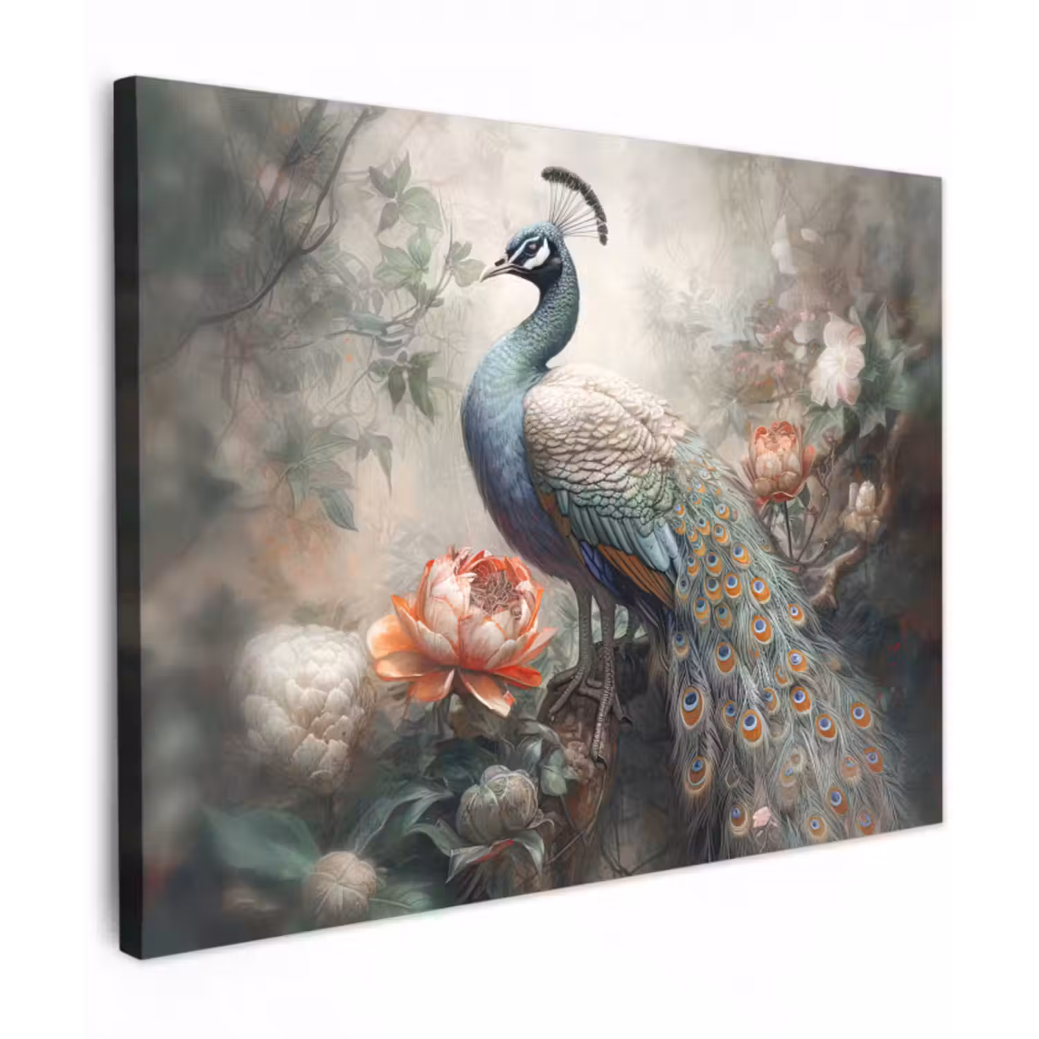 Leinwandbild - Pfau - Pfauenfedern - Vogel - Dschungel - Blumen