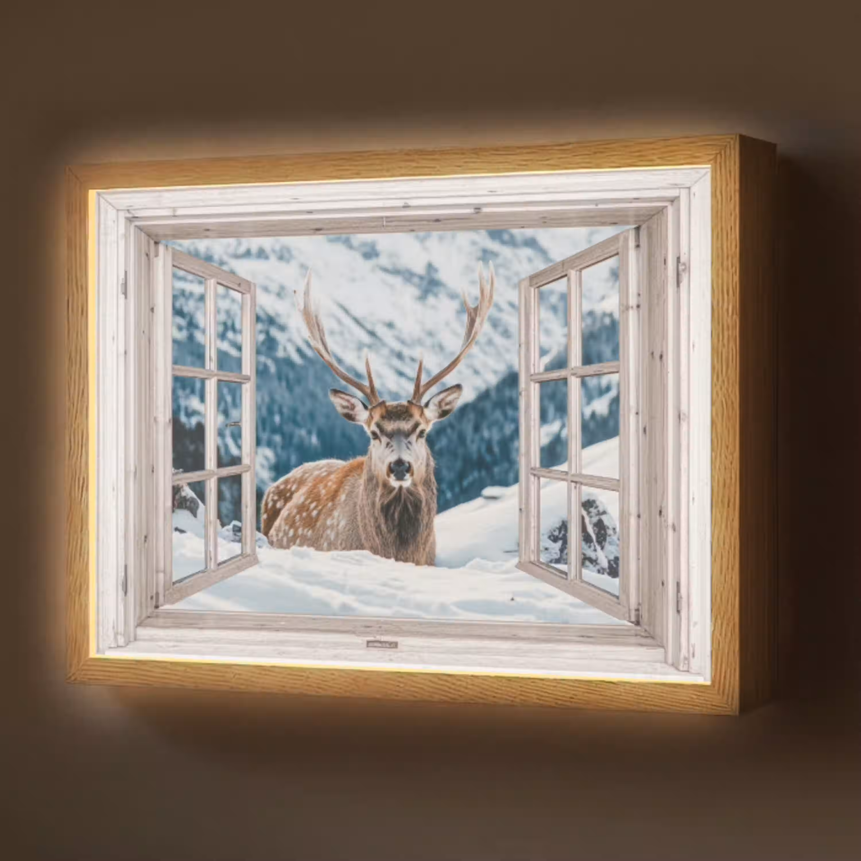 Hert - Winterlandschap - Natuur - Dieren - Doorkijk - Bergen Light Box met batterij (Wandlamp) middel -z3d_website