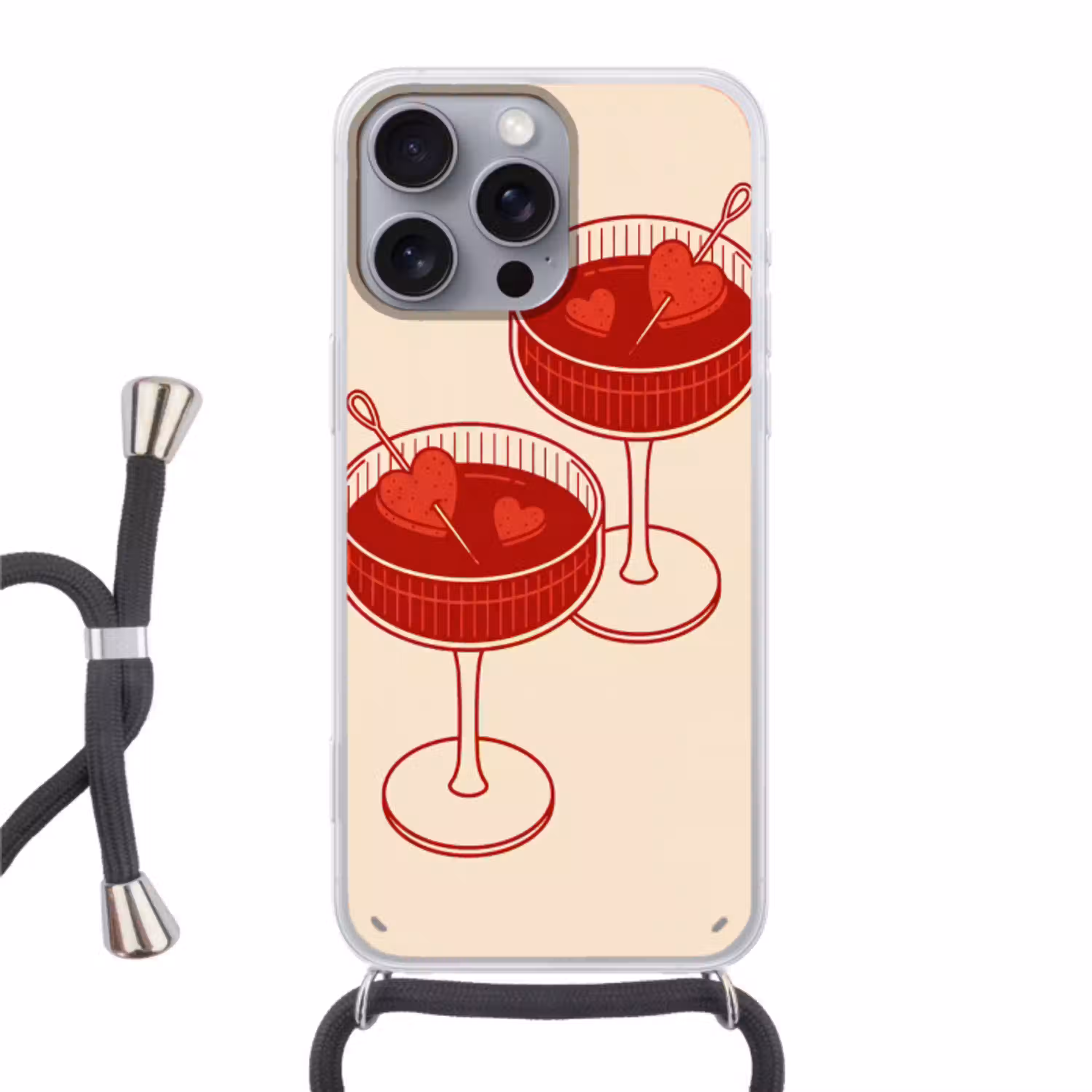 Cocktail - Hartjes - Liefde - Illustratie - Rood Hoesje iPhone 16 Pro Max met koord klein -3d