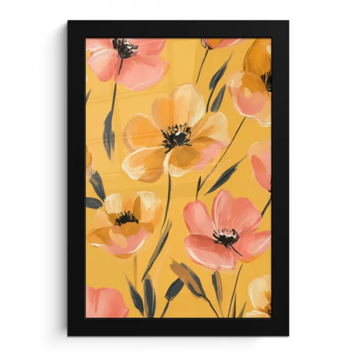 Bloemen - Geschilderd - Geel fotolijst zwart zonder passe partout klein -3d