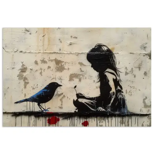 Street art - Meisje - Vogel - Graffiti - Banksy poster papier klein -3d