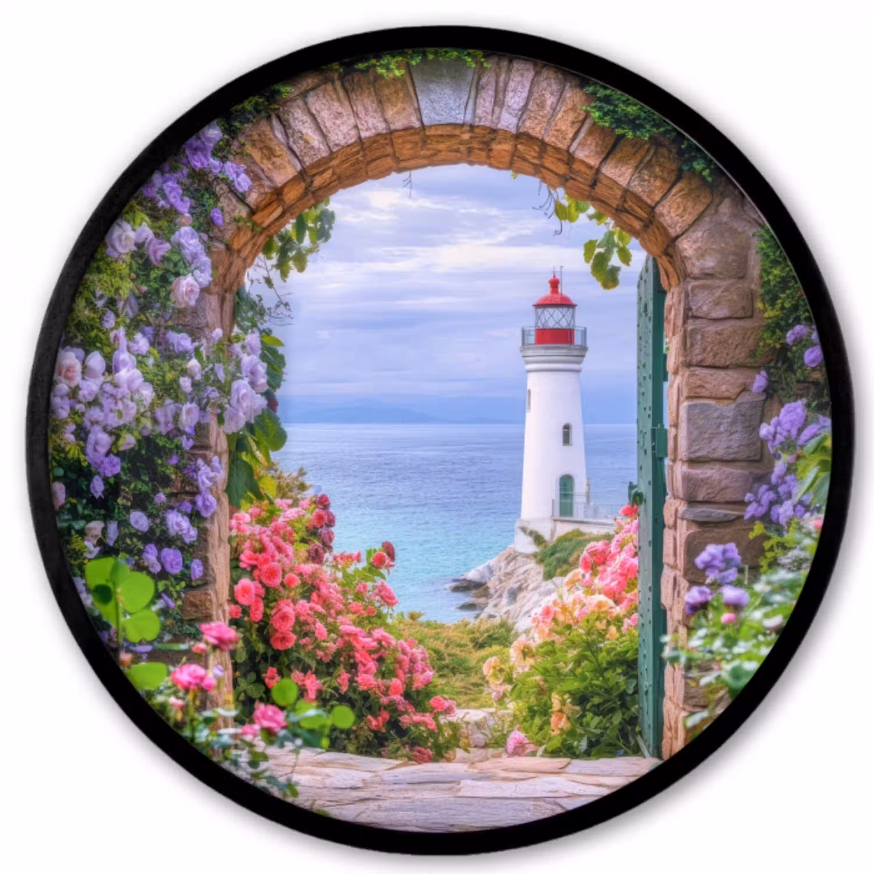 Doorkijk - Vuurtoren - Bloemen - Uitzicht Fotolijst rond zonder passe partout klein -3d
