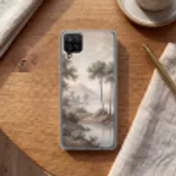 Bomen - Meer - Bergen - Illustratie Telefoonhoesje Samsung Galaxy A12 klein -sfeer1