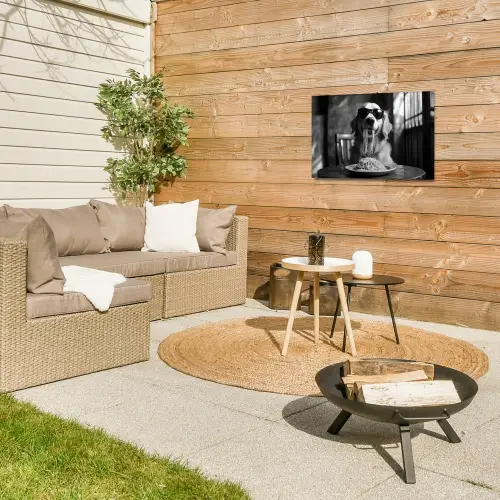 Golden Retriever - Hond - Vrolijk -  Bord spaghetti - Zwart - wit Tuinposter op houten frame 2 cm dik klein -sfeer2