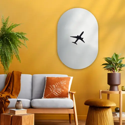 Minimalistisch - Silhouet - Zwart - Vliegtuig Wandcirkel Ovaal Glas middel -sfeer4