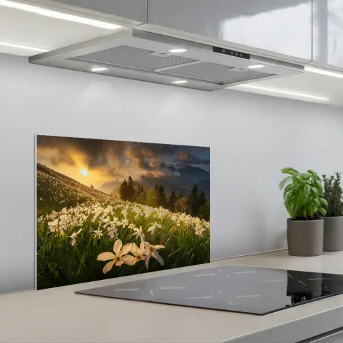 Bloemenveld - Heuvels - Zonsondergang - Berg - Natuur - Wit - Heuvels keuken achterwand spatscherm klein -3d_schuin