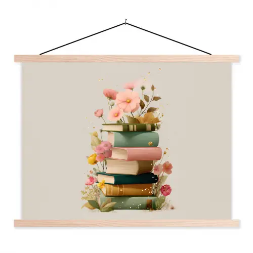 Boeken - Stapel - Bloemen - Kleurrijk textielposter latten blank klein -3d