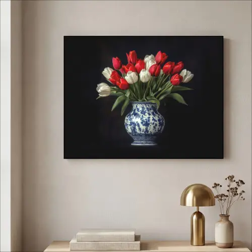 Rode - Bloemen - Tulpen - Vaas Textielframe zwart klein -sfeer2