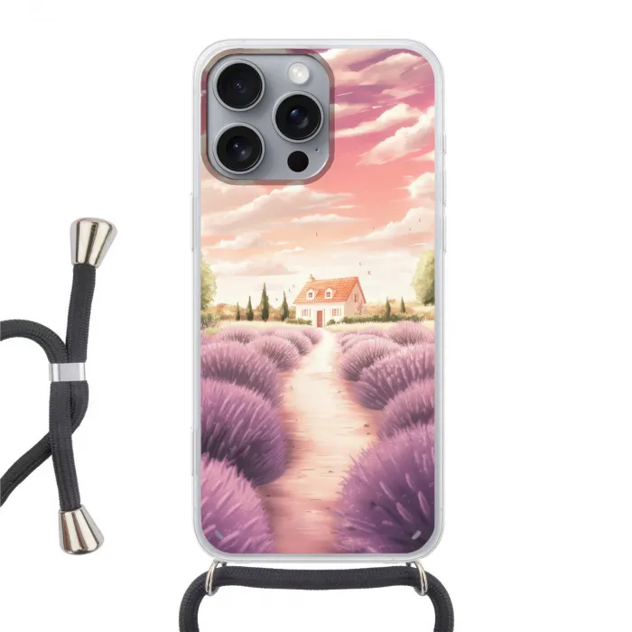 Lavendelveld - Huis - Paars Hoesje iPhone 16 Pro Max met koord klein -3d