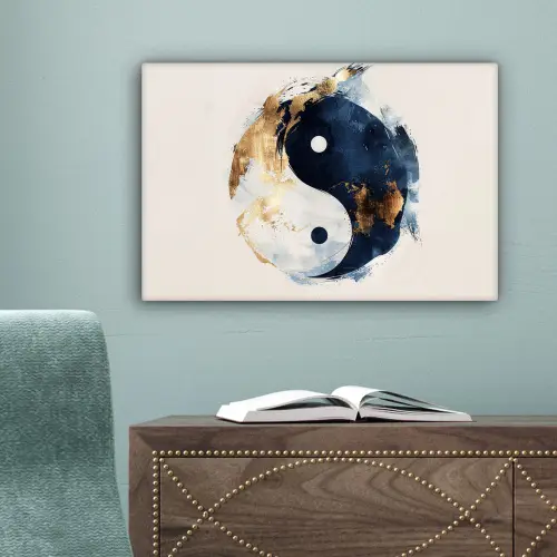 Yin Yang - Abstract - Zwart - Wit - Goud canvas 2cm klein -sfeer4