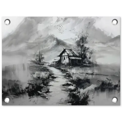 Hut - Grijs - Bergen - Mistig tuinposter los doek klein -3d