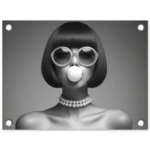 Vrouw - Zwart Wit - Ketting - Zonnebril tuinposter los doek klein -3d