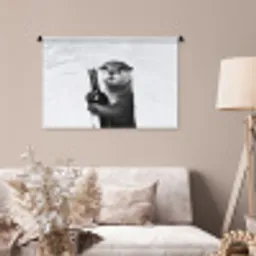 Wijnfles - Otter - Zwart Wandkleed katoen middel -sfeer4