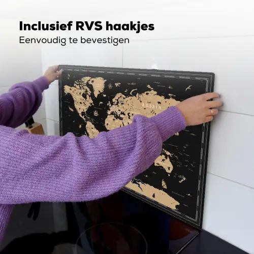 Wereldkaart - Beige - Zwart Inductie beschemer met haakjes klein -ky-ophangen-nl
