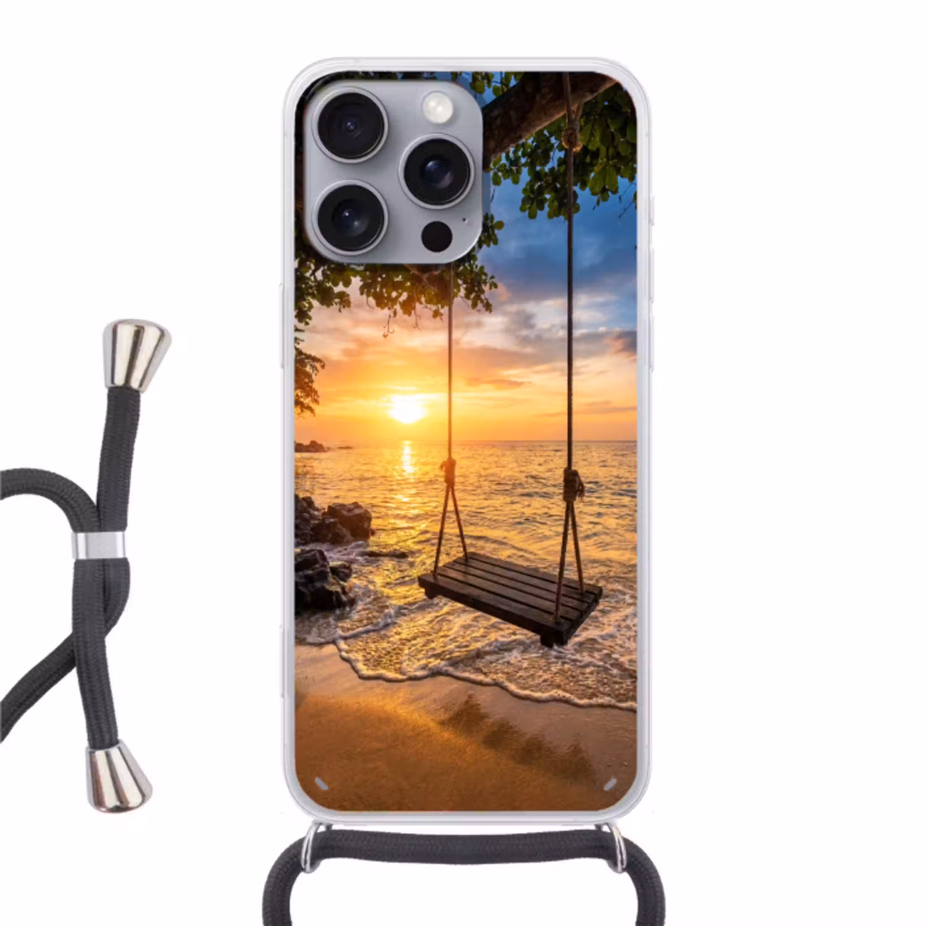 Schommel - Strand - Zonsondergang - Natuur - Oranje Hoesje iPhone 16 Pro Max met koord klein -3d