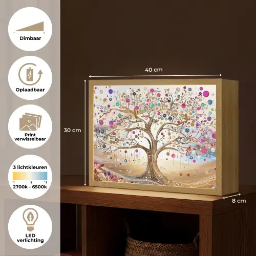Levensboom - Goud - Kleurrijk - Abstract - Aesthetic Light Box met batterij (Wandlamp) middel -USP_websiteoverzichtNL