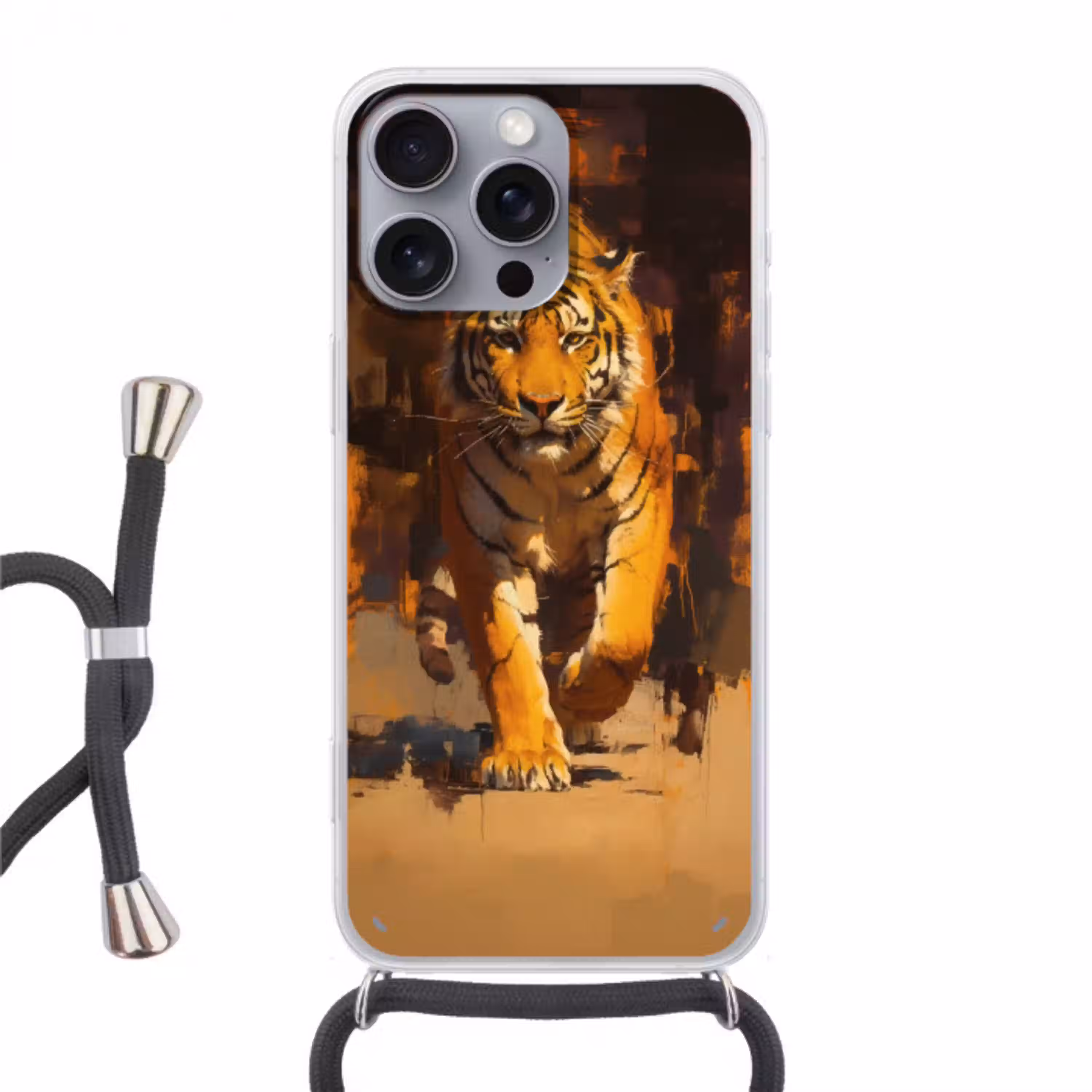 Tijger - Geschilderd - Oranje - Penseelstreken Hoesje iPhone 16 Pro Max met koord klein -3d