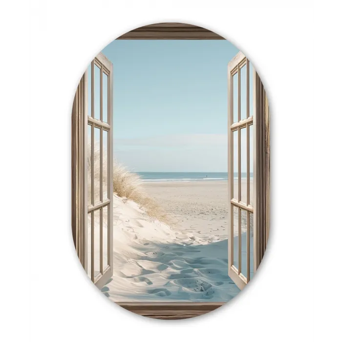 Doorkijk - Helmgras - Duinen - Zee - Landschap Wandcirkel Ovaal Glas middel -3d