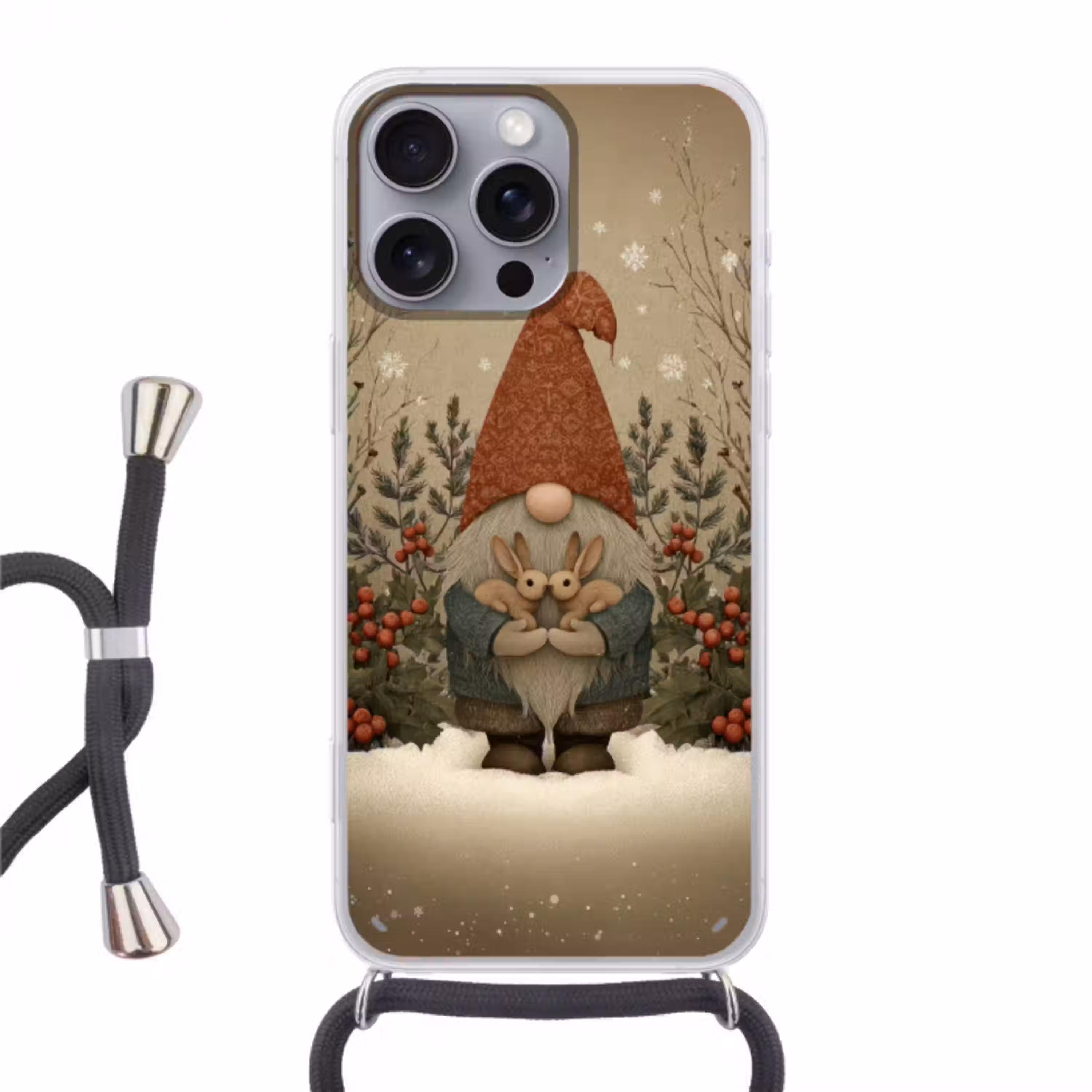 Kerstgnome - Konijntjes - Kleurrijk Hoesje iPhone 16 Pro Max met koord klein -3d