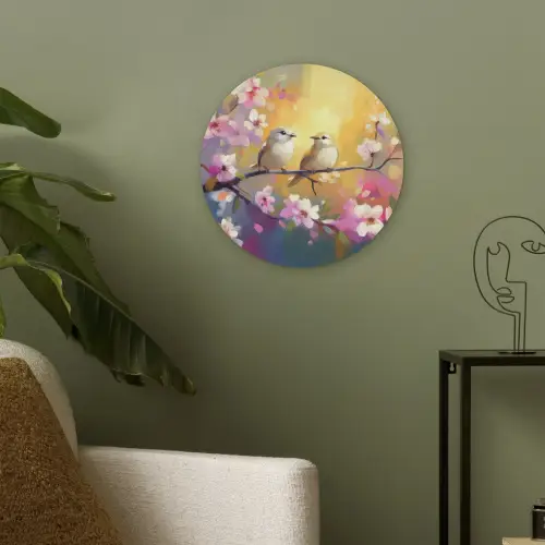 Vogels - Bloemen - Roze Akoestische PET Vilt - Rond klein -sfeer2