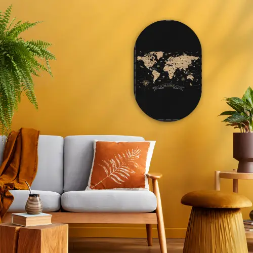 Wereldkaart - Beige - Zwart Wandcirkel Ovaal Forex klein -sfeer4