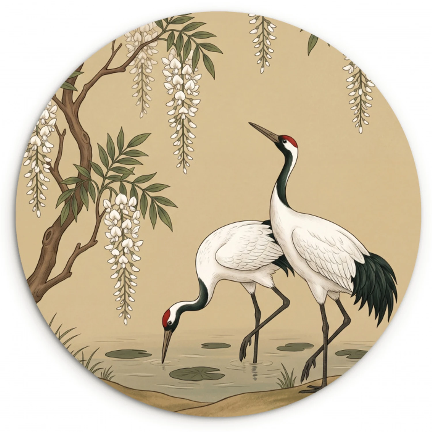 Kraanvogels - Water - Beige Wandcirkel kunststof plaat 5mm dik klein -3d