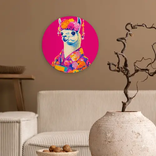 Lama - Kimono - Bloemenkrans - Felroze Wandcirkel plexiglas klein -sfeer1