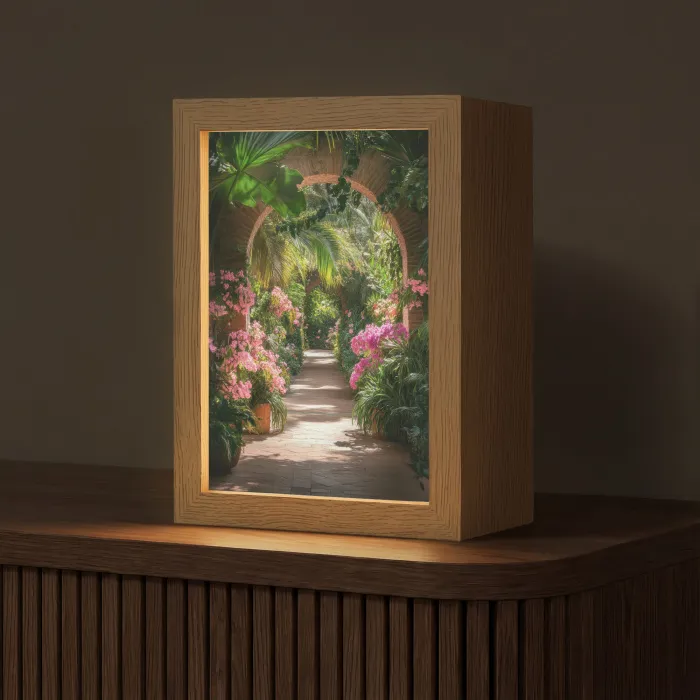 Doorkijk - Tropisch - Bloemen - Natuur Light Box met kabel (Tafellamp) klein -z3d_website