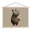 Neushoorn - Witte bloemen - Lief textielposter latten blank klein -3d