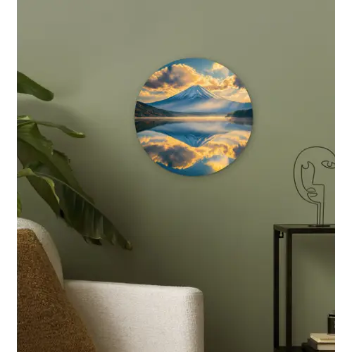 Berg - Rivier - Zonsondergang Wandcirkel kunststof plaat 5mm dik klein -sfeer3