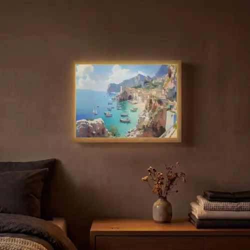 Kustdorp - Schilderij - Rotsen - Boten Light Box met batterij (Wandlamp) middel -sfeer4