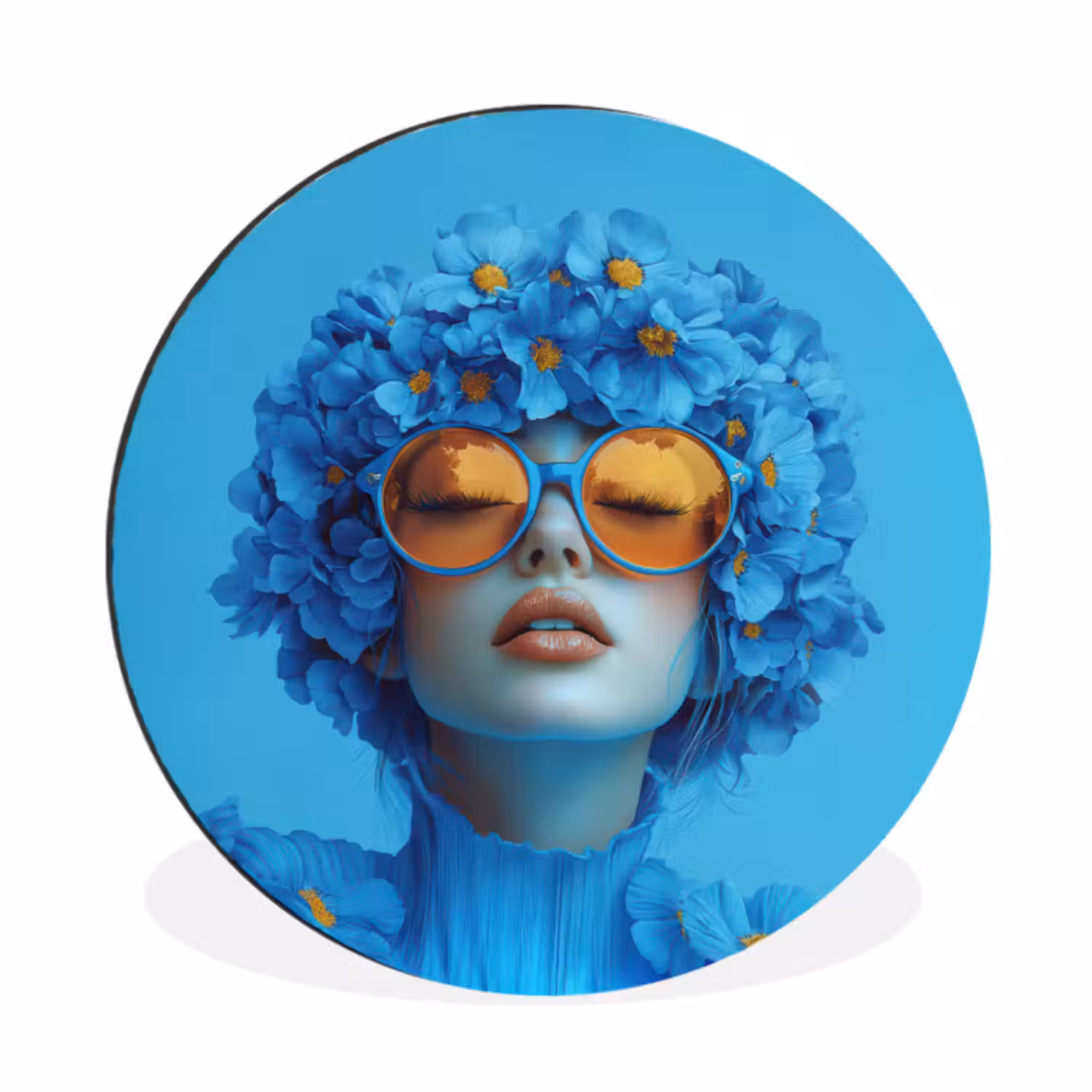 Alu-Dibond-Bild Rund - Frau - Blume - Blau - Modern - Brille - Porträt